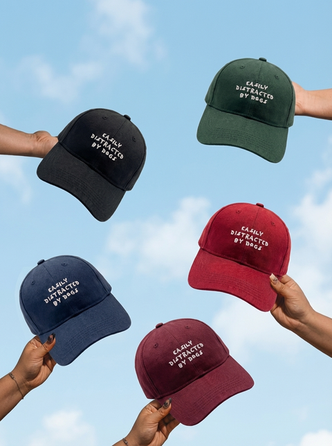 Easily Distracted by Dogs cap lifestyle shot – Hoomans India