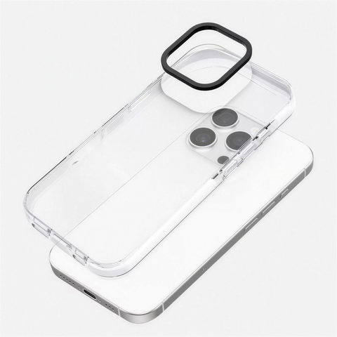 Clear hybrid iPhone case construction — exploded view showing detachable camera protector ring, TPU sides and hard back