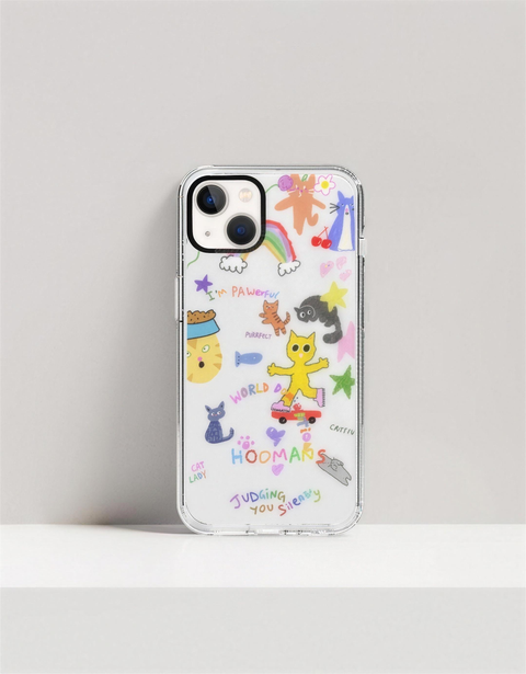 Hoomans Crazy Cat Lady iPhone case — colourful hand-drawn cat doodles with 'judging you silently' lettering, on iPhone 13 mockup