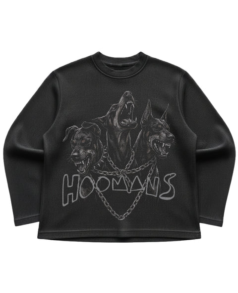 Black waffle knit oversized full sleeve tee with a full front print of three snarling dobermans in chains above a Hoomans wordmark, front flat lay