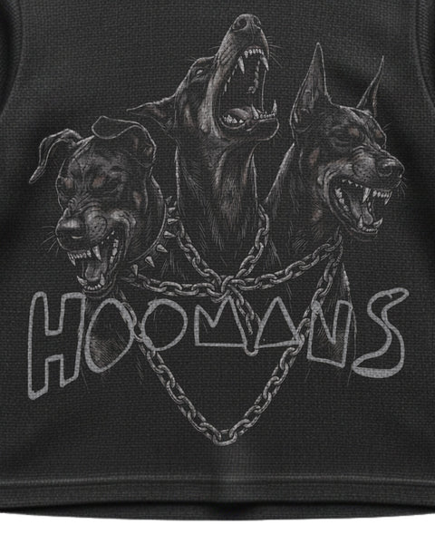 Close up of the three dobermans print on the black waffle knit full sleeve tee, showing the knit texture through the ink