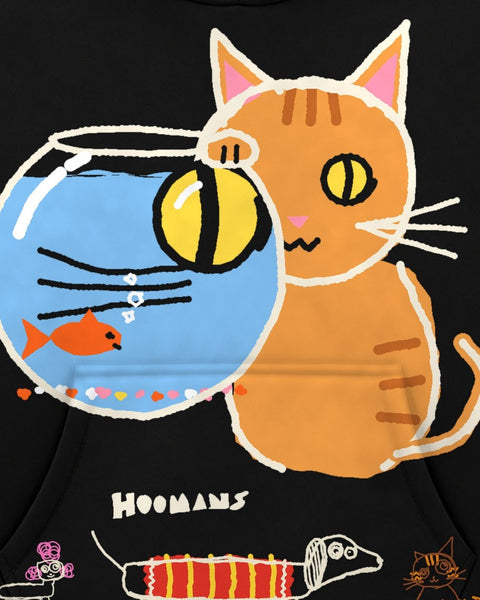 Close up of the front: a ginger cat with a giant yellow eye seen through a blue fishbowl, and the HOOMANS wordmark
