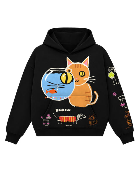 Black boxy hoodie with a big crudely drawn ginger cat pressing its face to a fishbowl with a goldfish, small drawn dogs and a cat along the hem, front flat lay