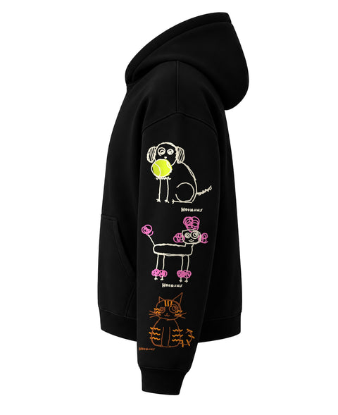 Left side of the black boxy hoodie with badly drawn dogs and cats running down the sleeve