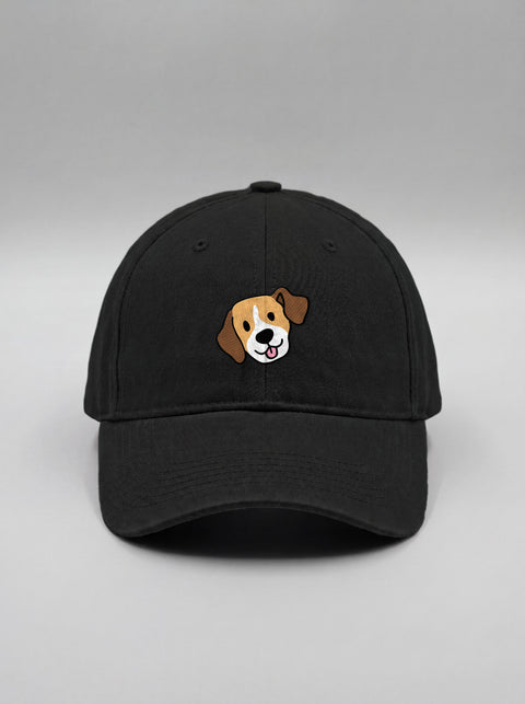 Black baseball cap with embroidered beagle face, front view