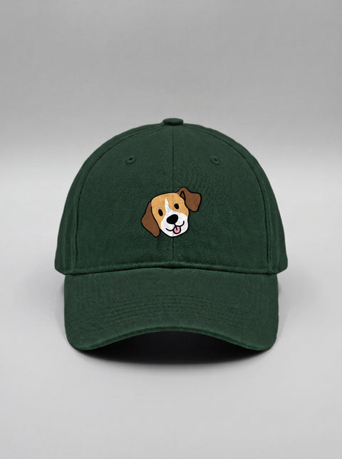 Bottle green baseball cap with embroidered beagle face, front view