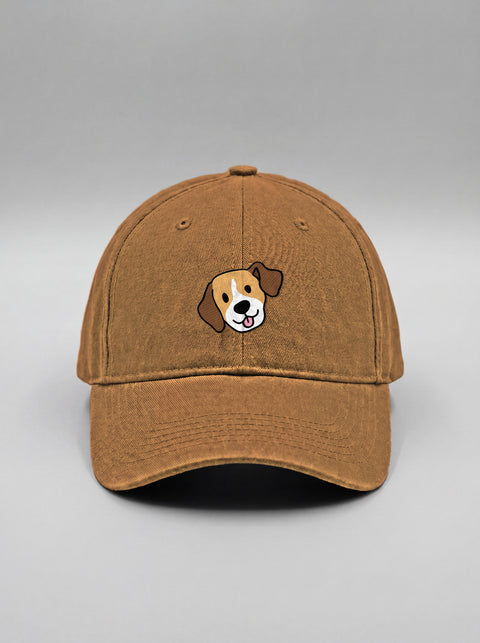 Khaki baseball cap with embroidered beagle face, front view