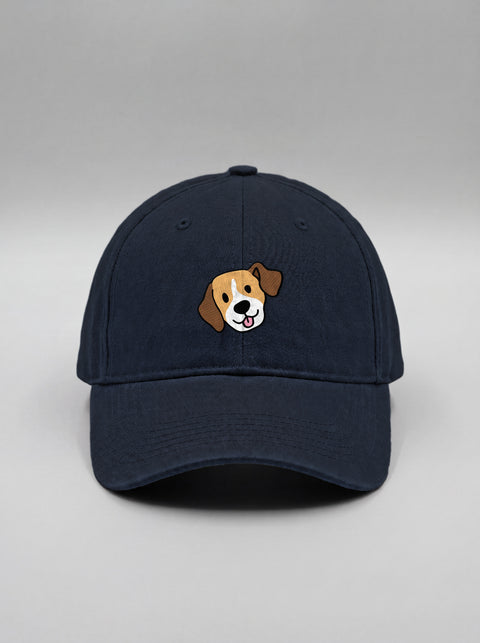 Navy blue baseball cap with embroidered beagle face, front view