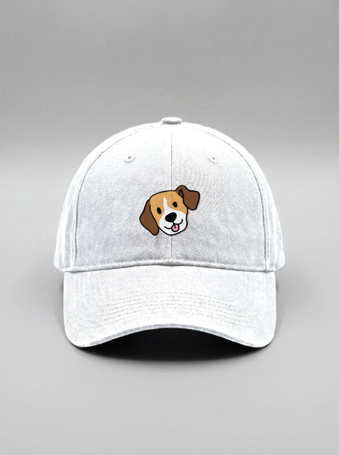 White baseball cap with embroidered beagle face, front view