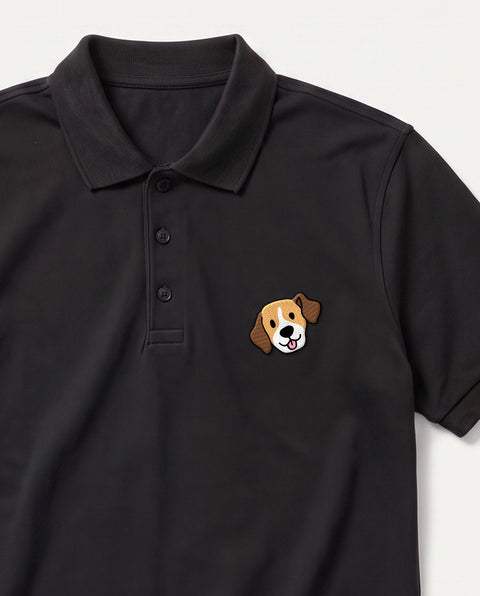 Black embroidered Beagle polo, close-up of collar, button placket, and satin-stitch chest patch