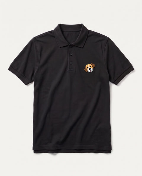 Black polo shirt with embroidered Beagle face on the chest, front flat lay
