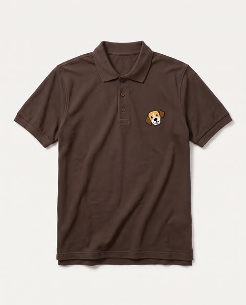Coffee Brown polo shirt with embroidered Beagle face on the chest, front flat lay