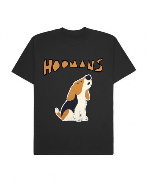 Black oversized tee with a big tan Hoomans logo over a flat colour beagle howling, front flat lay