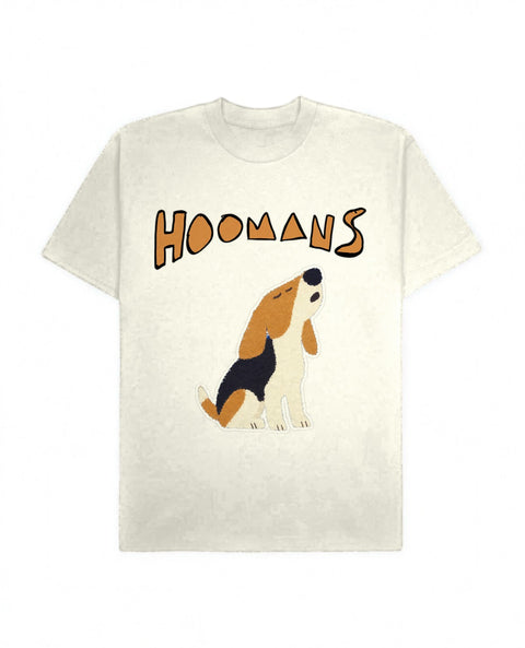 Off White oversized tee with a big tan Hoomans logo over a flat colour beagle howling, front flat lay
