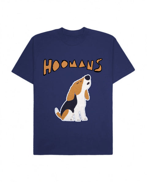 Royal Blue oversized tee with a big tan Hoomans logo over a flat colour beagle howling, front flat lay