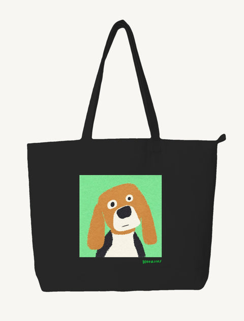 Black large canvas tote bag with a flat colour Beagle face on a mint green block and a green Hoomans wordmark, front view