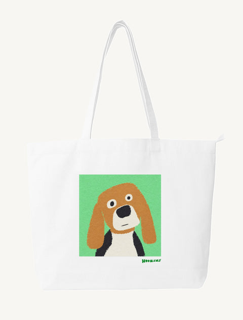 White large canvas tote bag with a flat colour Beagle face on a mint green block and a green Hoomans wordmark, front view