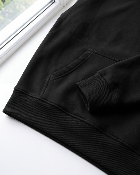 Kangaroo pocket edge, ribbed hem and ribbed cuff of the black boxy hoodie