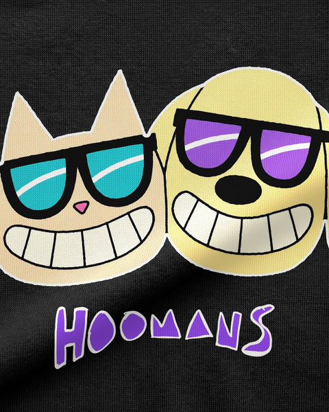 Close-up of the cat and dog in sunglasses above the hoomans wordmark printed on black cotton fleece