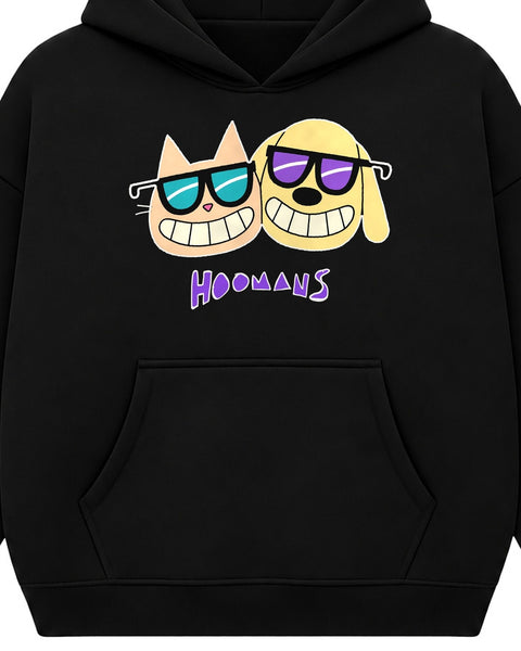 Close up of the Besties print on the black boxy hoodie: the cat in turquoise sunglasses and the dog in purple sunglasses, cheek to cheek and grinning, with the purple HOOMANS wordmark