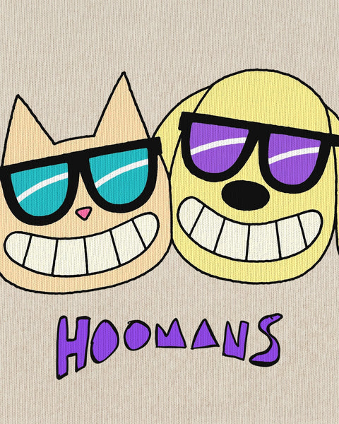 Close-up of the cat and dog in sunglasses above the hoomans wordmark printed on cream cotton fleece