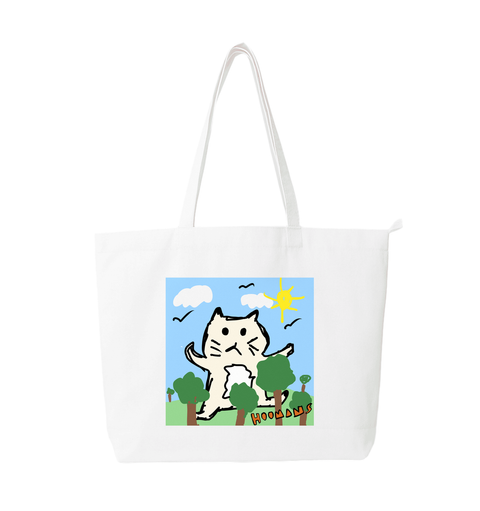 Big Cat Energy white cotton tote bag printed with a giant cream cat sitting in a park of tiny trees under a yellow sun