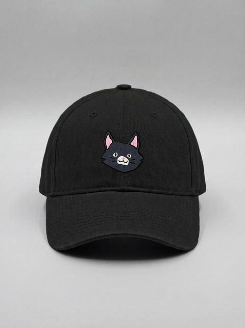 Black baseball cap with embroidered black cat face, front view
