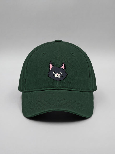 Bottle green baseball cap with embroidered black cat face, front view