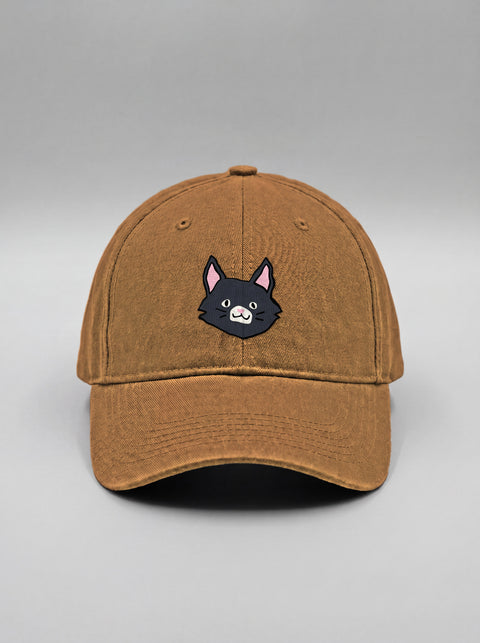 Khaki baseball cap with embroidered black cat face, front view