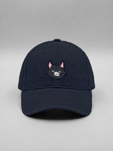 Navy blue baseball cap with embroidered black cat face, front view