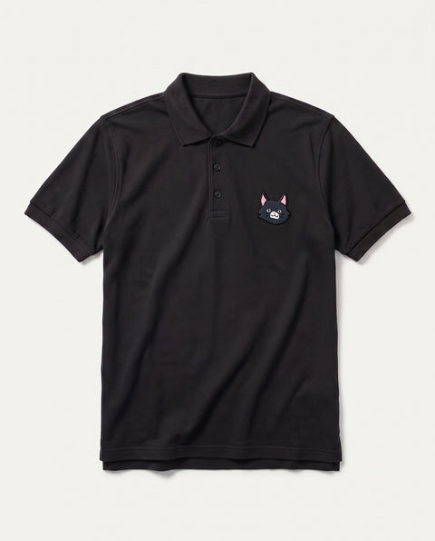 Black polo shirt with embroidered black cat face on the chest, front flat lay