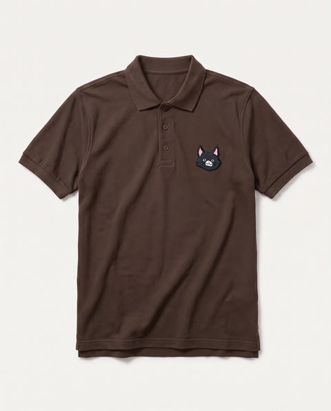 Coffee Brown polo shirt with embroidered black cat face on the chest, front flat lay