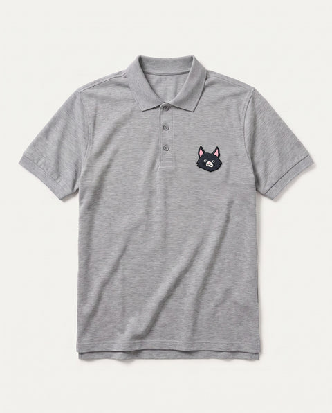 Grey Melange polo shirt with embroidered black cat face on the chest, front flat lay