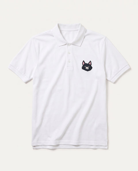 White polo shirt with embroidered black cat face on the chest, front flat lay