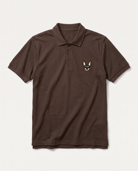 Coffee Brown polo shirt with embroidered black indie dog face on the chest, front flat lay