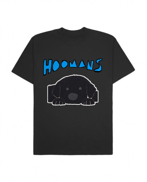 Black oversized tee with a big blue Hoomans logo over a flat colour black labrador lying down, front flat lay