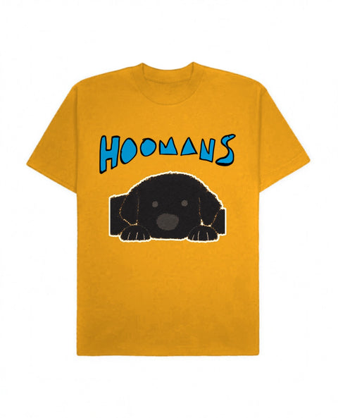 Golden Yellow oversized tee with a big blue Hoomans logo over a flat colour black labrador lying down, front flat lay