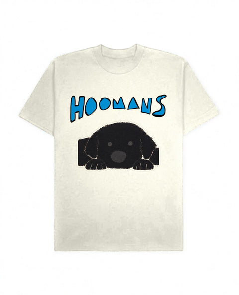 Off White oversized tee with a big blue Hoomans logo over a flat colour black labrador lying down, front flat lay