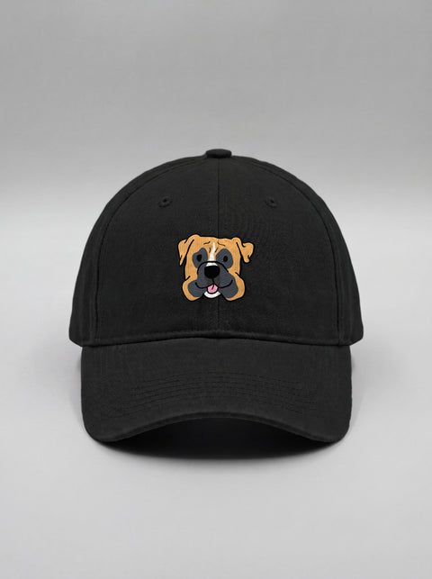Black baseball cap with embroidered boxer face, front view