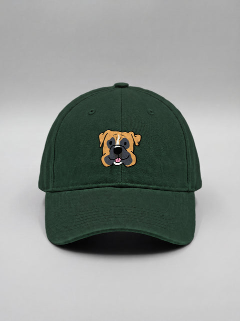 Bottle green baseball cap with embroidered boxer face, front view