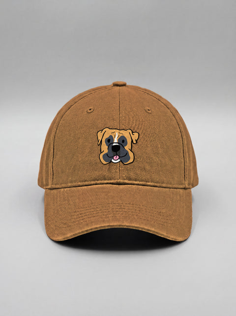 Khaki baseball cap with embroidered boxer face, front view