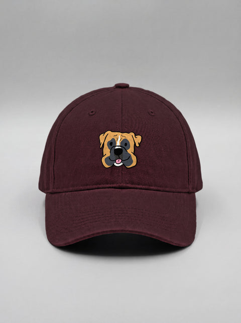 Maroon baseball cap with embroidered boxer face, front view