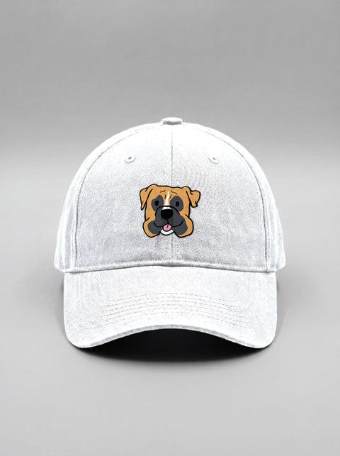 White baseball cap with embroidered boxer face, front view