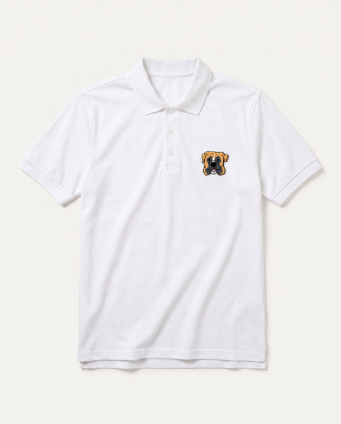 White polo shirt with embroidered Boxer face on the chest, front flat lay