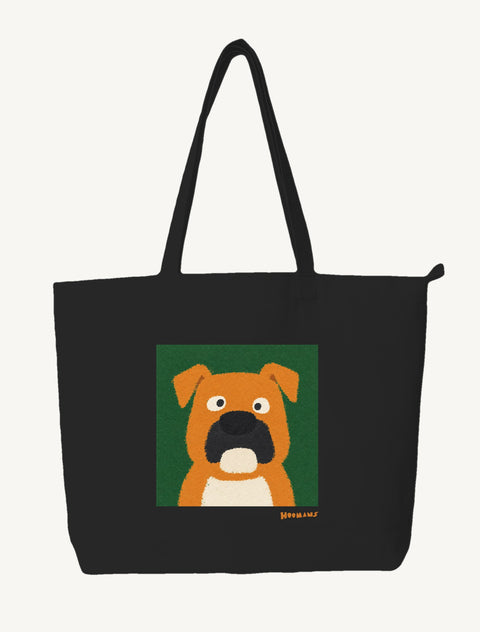 Black large canvas tote bag with a flat colour fawn Boxer face on a forest green block and a tangerine Hoomans wordmark, front view