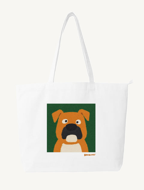 White large canvas tote bag with a flat colour fawn Boxer face on a forest green block and a tangerine Hoomans wordmark, front view