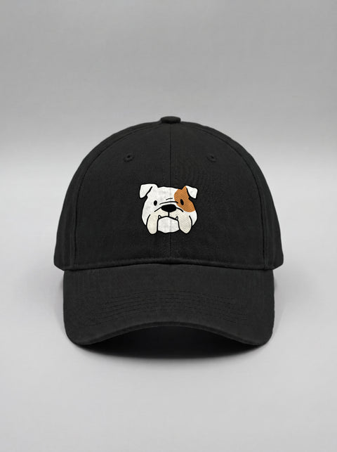 Black baseball cap with embroidered english bulldog face, front view
