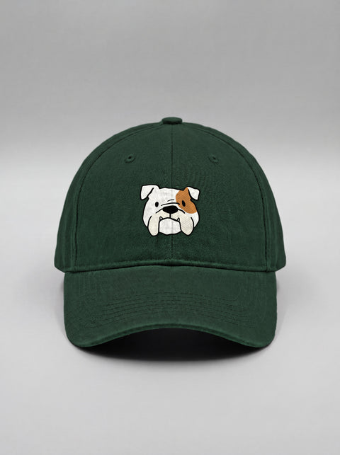 Bottle green baseball cap with embroidered english bulldog face, front view