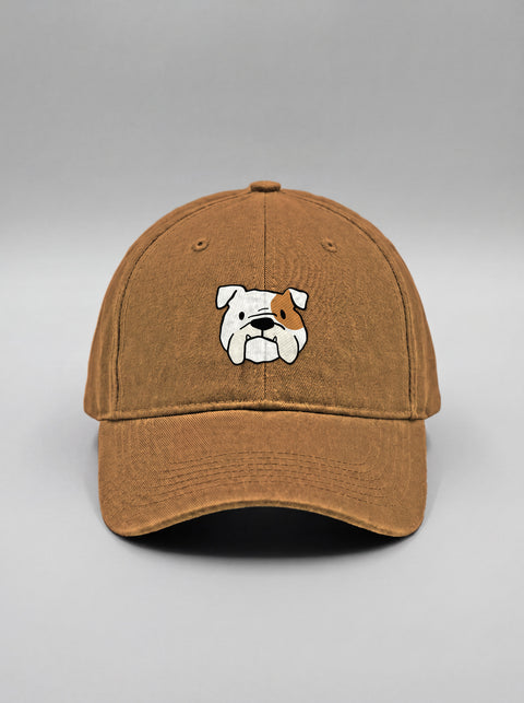 Khaki baseball cap with embroidered english bulldog face, front view