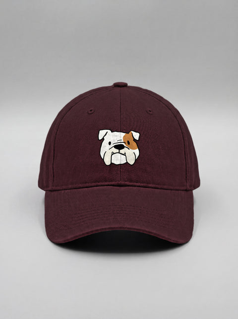 Maroon baseball cap with embroidered english bulldog face, front view